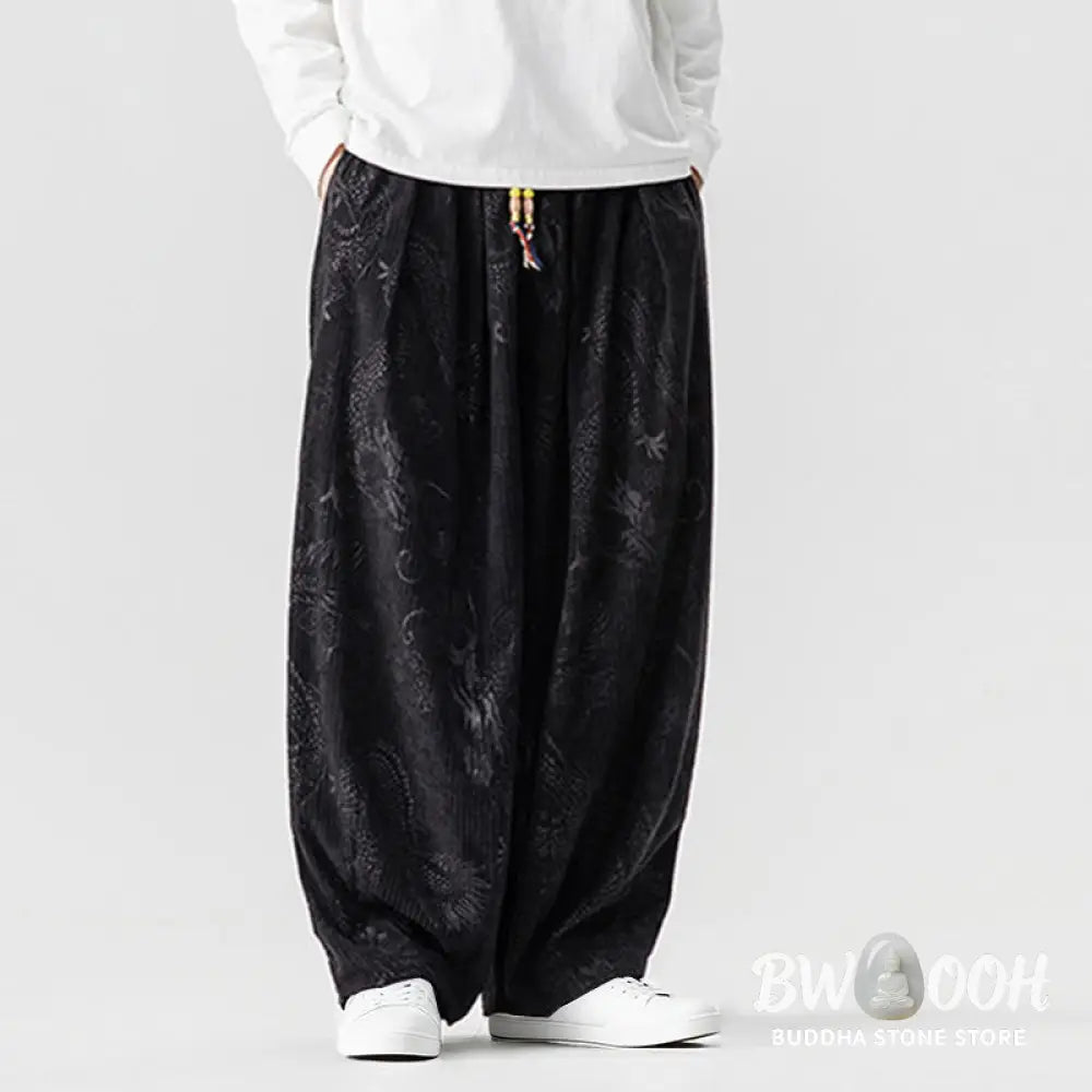Buddha Stones Winter Dragon Phoenix Pattern Cotton Corduroy Men’s Harem Pants With Pockets - Men’s Harem Pants