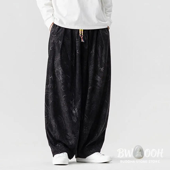 Buddha Stones Winter Dragon Phoenix Pattern Cotton Corduroy Men’s Harem Pants With Pockets - Men’s Harem Pants