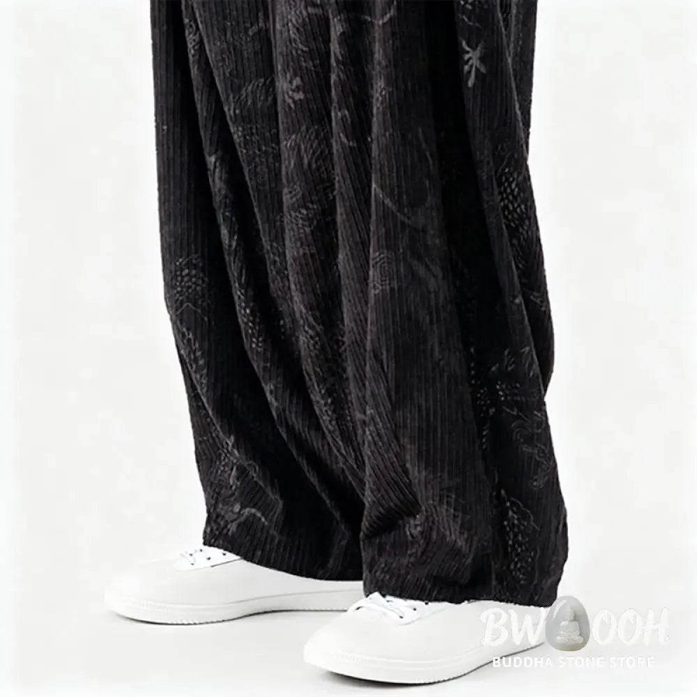 Buddha Stones Winter Dragon Phoenix Pattern Cotton Corduroy Men’s Harem Pants With Pockets - Men’s Harem Pants