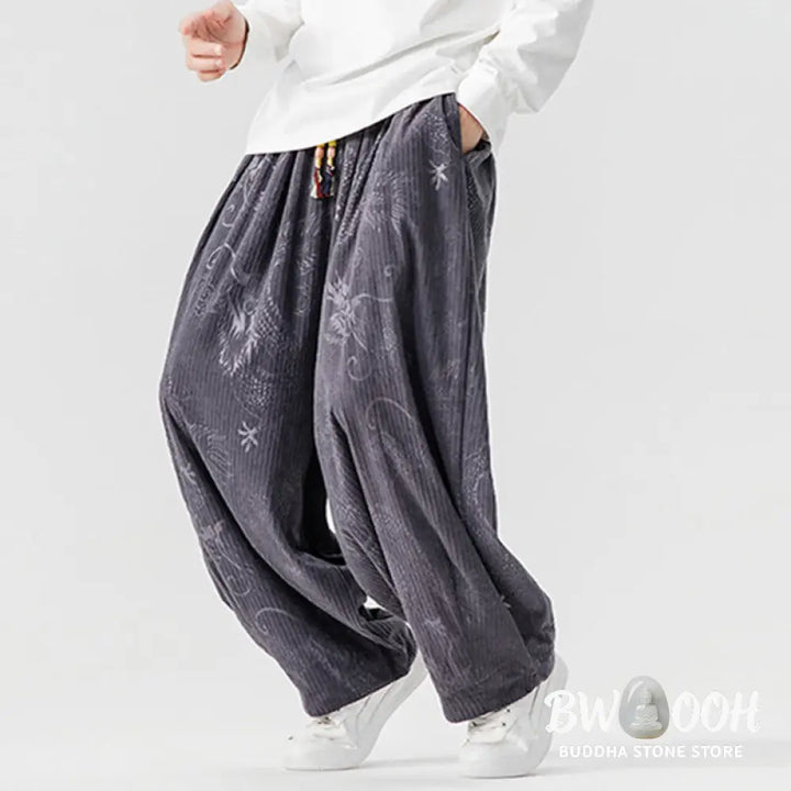 Buddha Stones Winter Dragon Phoenix Pattern Cotton Corduroy Men’s Harem Pants With Pockets - Men’s Harem Pants