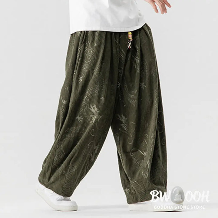 Buddha Stones Winter Dragon Phoenix Pattern Cotton Corduroy Men’s Harem Pants With Pockets - Men’s Harem Pants