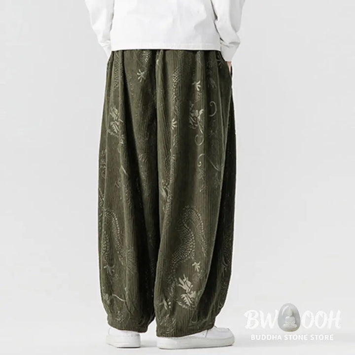 Buddha Stones Winter Dragon Phoenix Pattern Cotton Corduroy Men’s Harem Pants With Pockets - Men’s Harem Pants