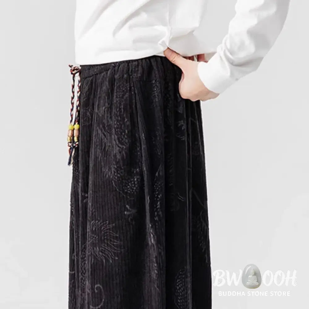 Buddha Stones Winter Dragon Phoenix Pattern Cotton Corduroy Men’s Harem Pants With Pockets - Men’s Harem Pants