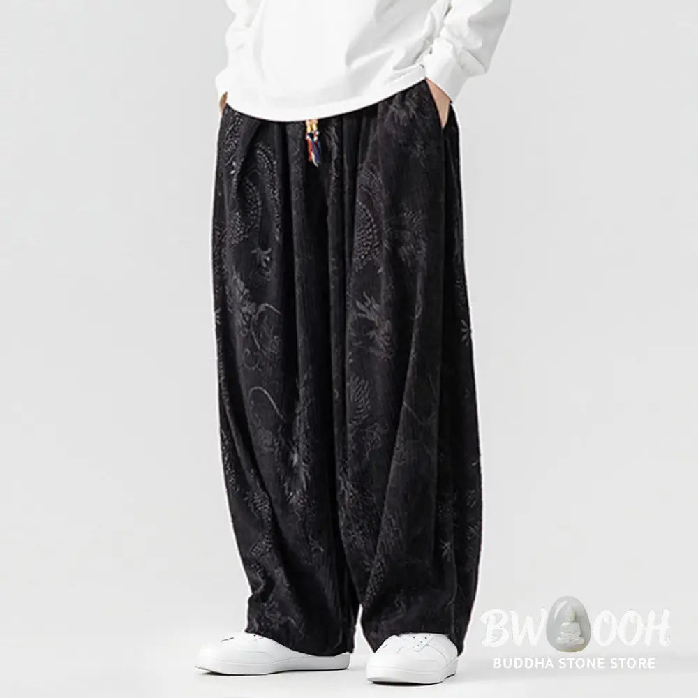 Buddha Stones Winter Dragon Phoenix Pattern Cotton Corduroy Men’s Harem Pants With Pockets - Men’s Harem Pants