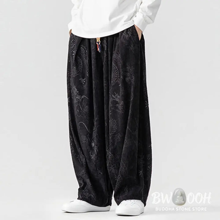 Buddha Stones Winter Dragon Phoenix Pattern Cotton Corduroy Men’s Harem Pants With Pockets - Men’s Harem Pants