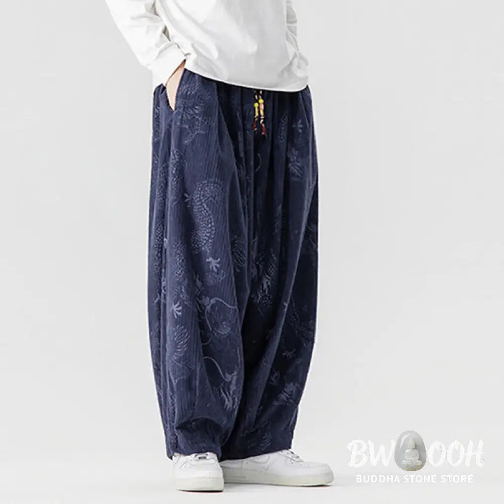 Buddha Stones Winter Dragon Phoenix Pattern Cotton Corduroy Men’s Harem Pants With Pockets - Men’s Harem Pants