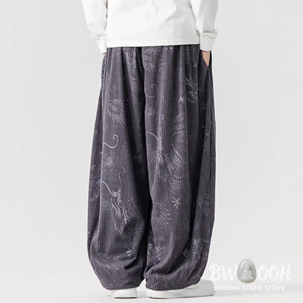 Buddha Stones Winter Dragon Phoenix Pattern Cotton Corduroy Men’s Harem Pants With Pockets - Men’s Harem Pants