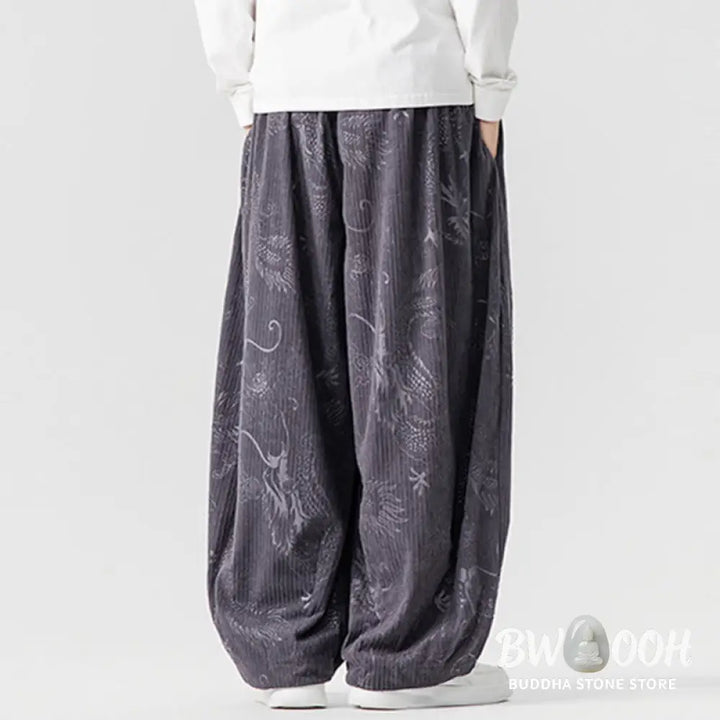 Buddha Stones Winter Dragon Phoenix Pattern Cotton Corduroy Men’s Harem Pants With Pockets - Men’s Harem Pants