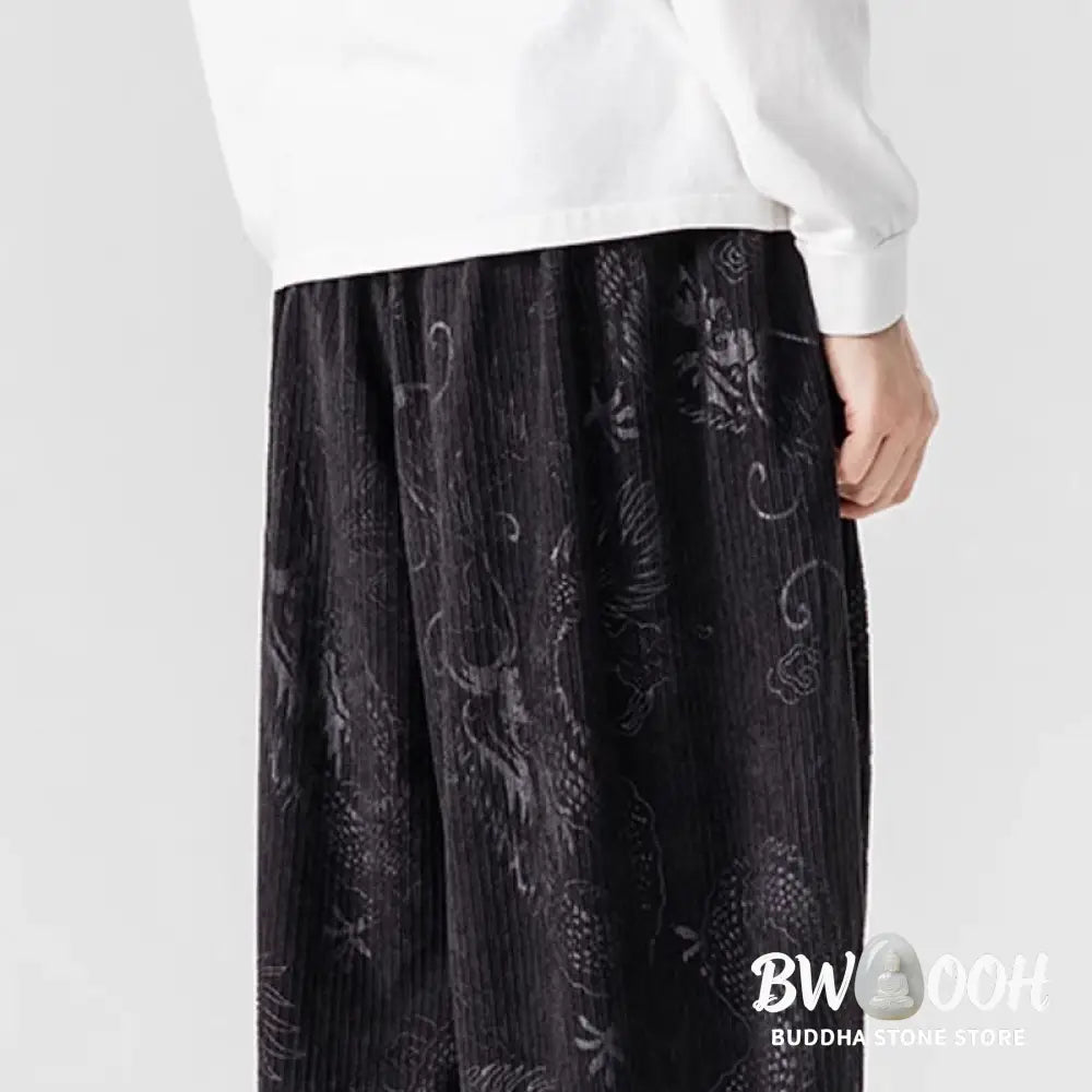 Buddha Stones Winter Dragon Phoenix Pattern Cotton Corduroy Men’s Harem Pants With Pockets - Men’s Harem Pants