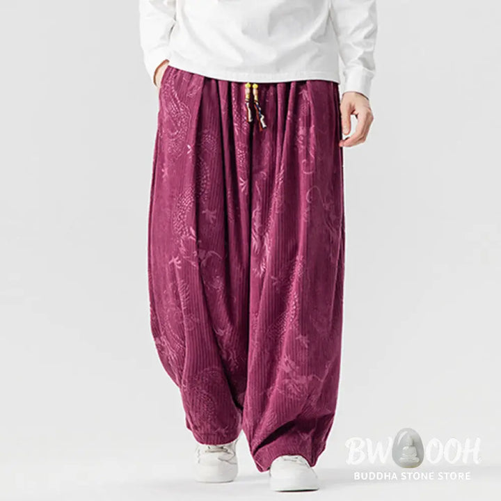 Buddha Stones Winter Dragon Phoenix Pattern Cotton Corduroy Men’s Harem Pants With Pockets - Men’s Harem Pants