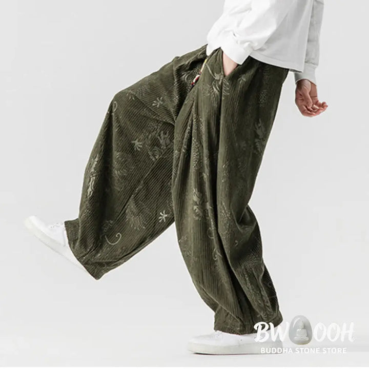 Buddha Stones Winter Dragon Phoenix Pattern Cotton Corduroy Men’s Harem Pants With Pockets - Men’s Harem Pants
