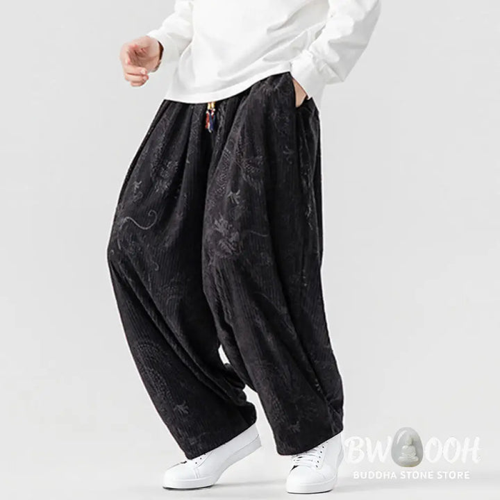 Buddha Stones Winter Dragon Phoenix Pattern Cotton Corduroy Men’s Harem Pants With Pockets - Men’s Harem Pants