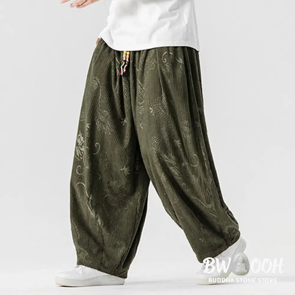Buddha Stones Winter Dragon Phoenix Pattern Cotton Corduroy Men’s Harem Pants With Pockets - Men’s Harem Pants