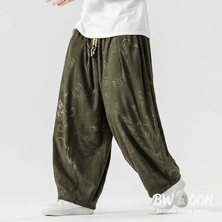 Buddha Stones Winter Dragon Phoenix Pattern Cotton Corduroy Men’s Harem Pants With Pockets - Men’s Harem Pants