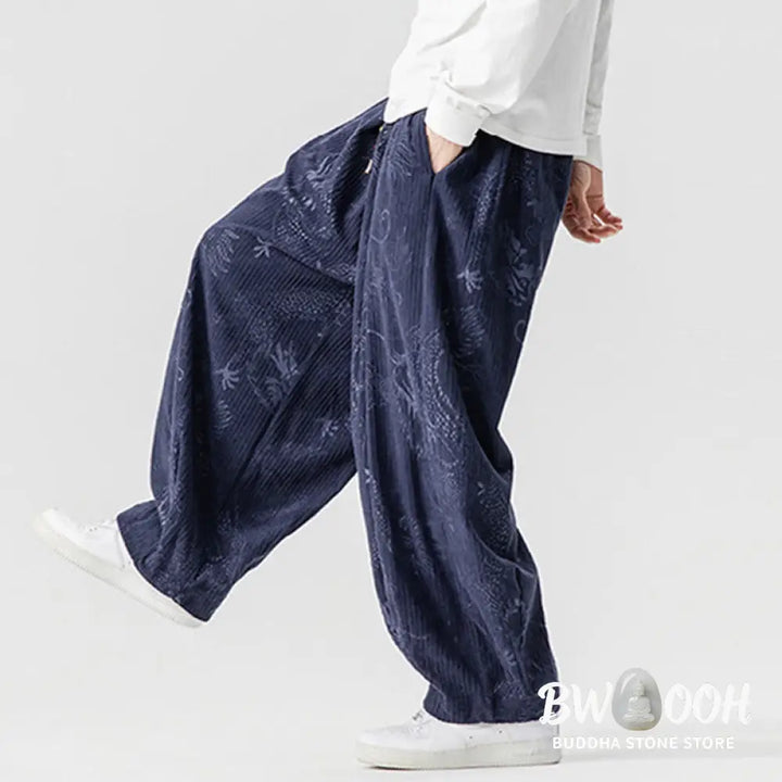 Buddha Stones Winter Dragon Phoenix Pattern Cotton Corduroy Men’s Harem Pants With Pockets - Men’s Harem Pants