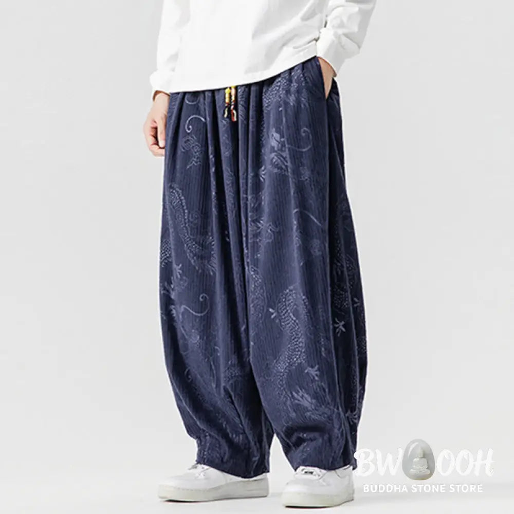 Buddha Stones Winter Dragon Phoenix Pattern Cotton Corduroy Men’s Harem Pants With Pockets - Men’s Harem Pants