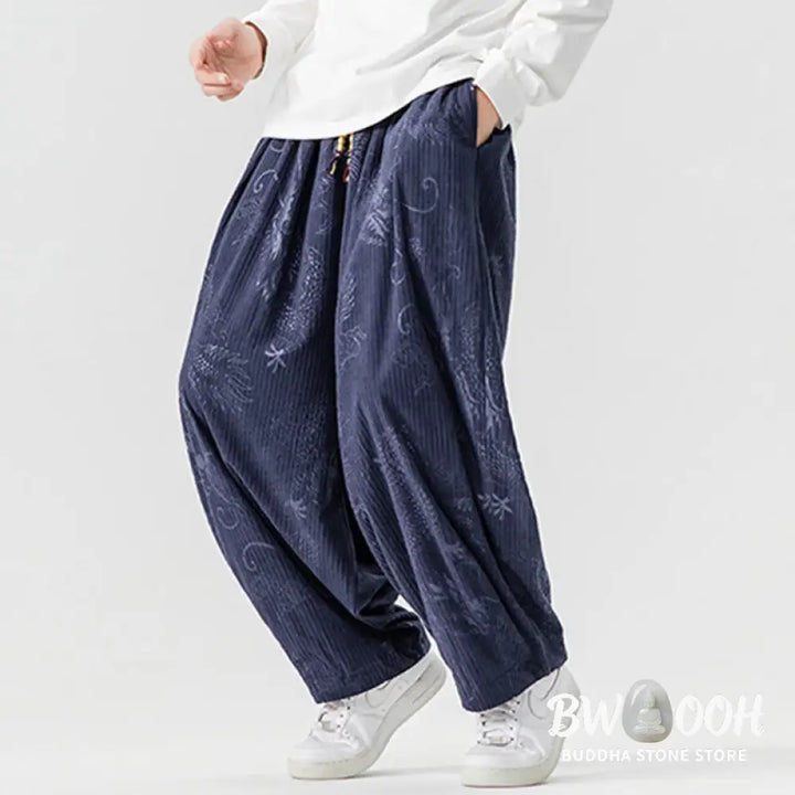 Buddha Stones Winter Dragon Phoenix Pattern Cotton Corduroy Men’s Harem Pants With Pockets - Men’s Harem Pants