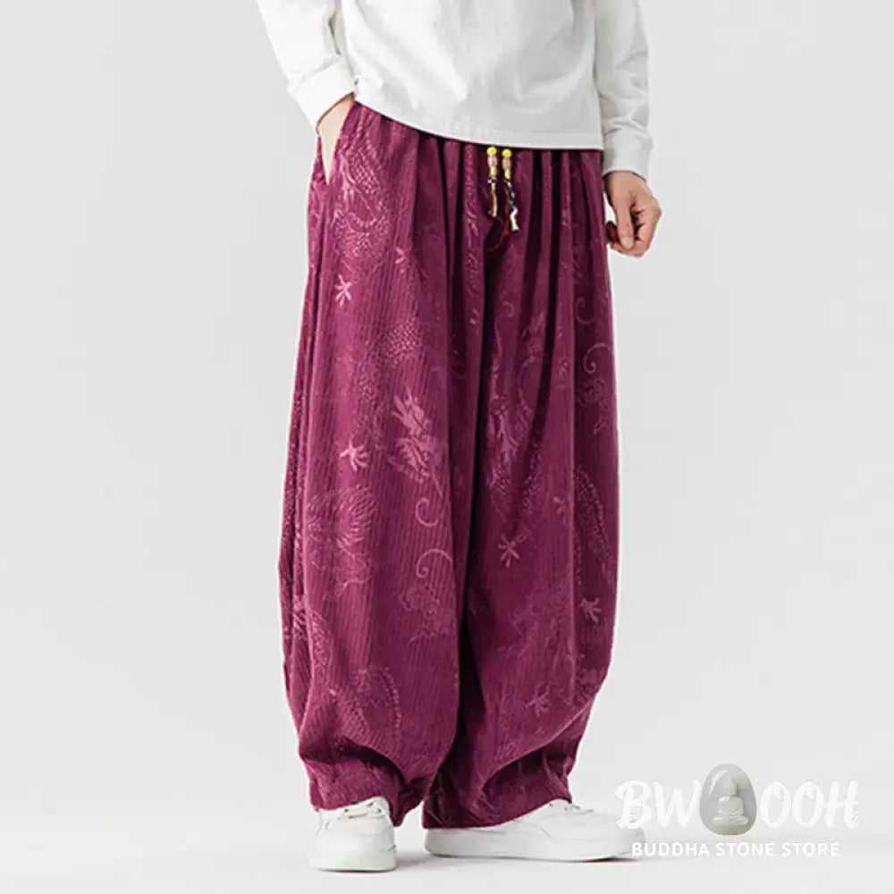Buddha Stones Winter Dragon Phoenix Pattern Cotton Corduroy Men’s Harem Pants With Pockets - Men’s Harem Pants