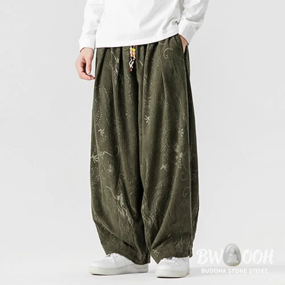 Buddha Stones Winter Dragon Phoenix Pattern Cotton Corduroy Men’s Harem Pants With Pockets - Men’s Harem Pants
