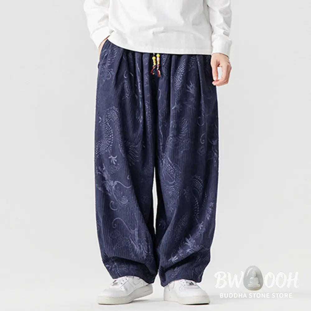Buddha Stones Winter Dragon Phoenix Pattern Cotton Corduroy Men’s Harem Pants With Pockets - Men’s Harem Pants