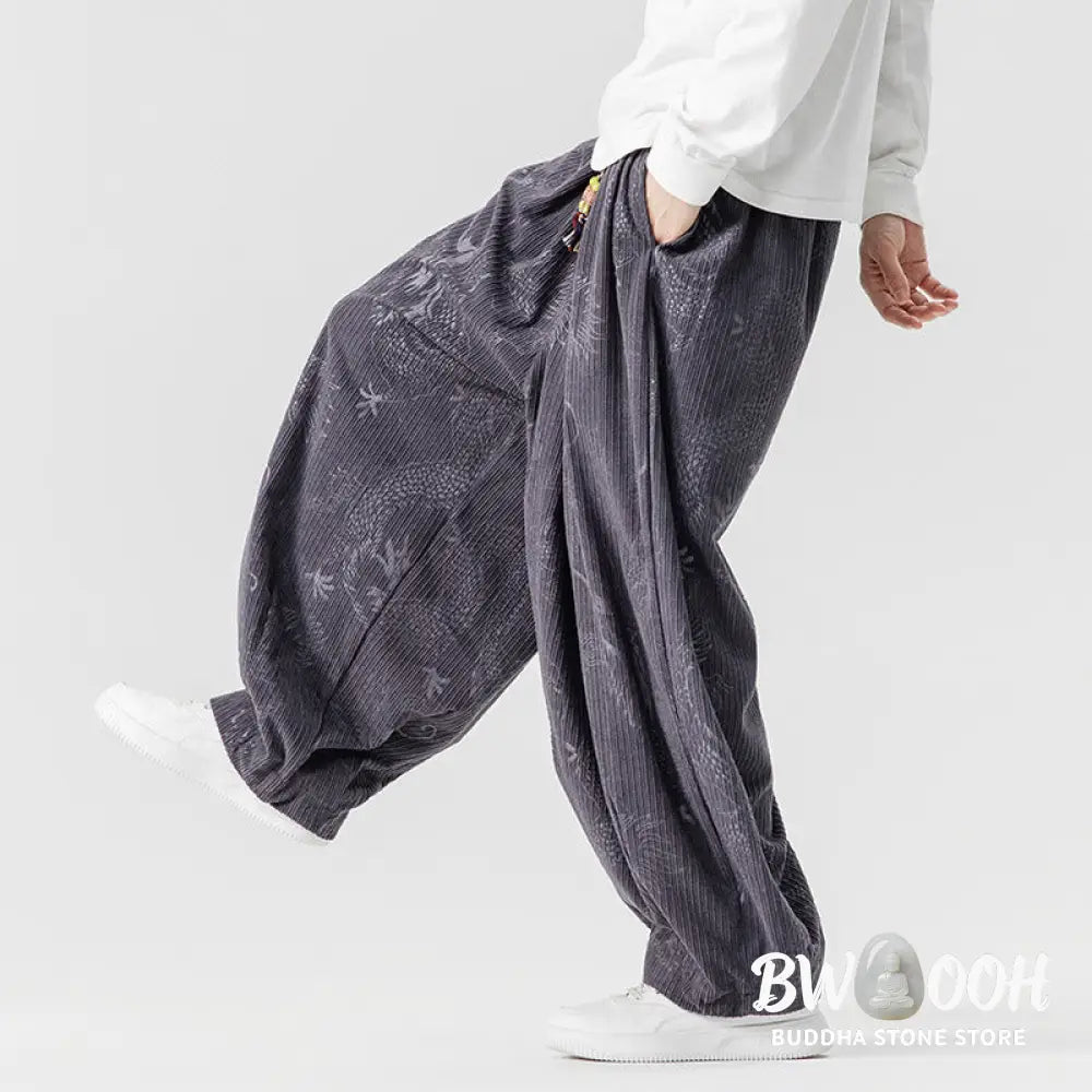 Buddha Stones Winter Dragon Phoenix Pattern Cotton Corduroy Men’s Harem Pants With Pockets - Men’s Harem Pants
