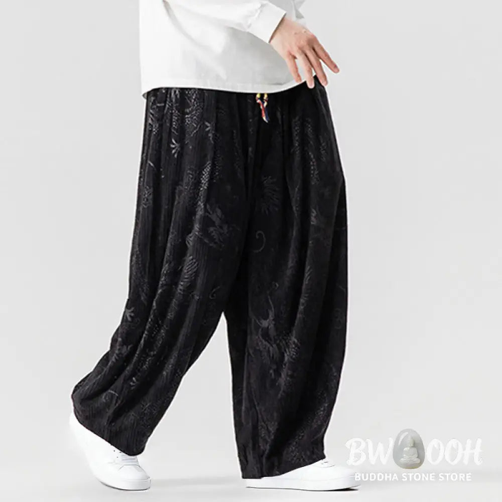 Buddha Stones Winter Dragon Phoenix Pattern Cotton Corduroy Men’s Harem Pants With Pockets - Men’s Harem Pants