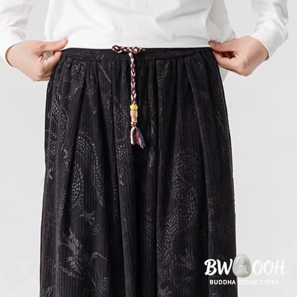 Buddha Stones Winter Dragon Phoenix Pattern Cotton Corduroy Men’s Harem Pants With Pockets - Men’s Harem Pants