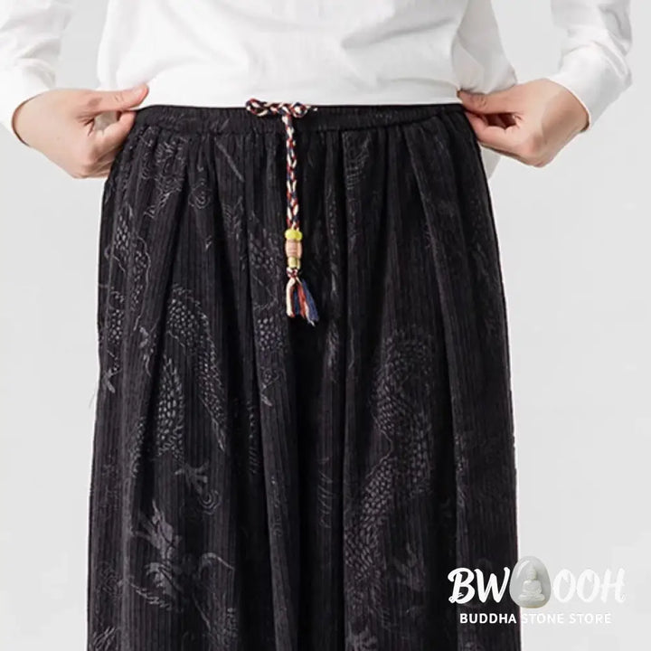Buddha Stones Winter Dragon Phoenix Pattern Cotton Corduroy Men’s Harem Pants With Pockets - Men’s Harem Pants