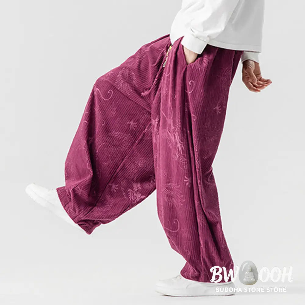 Buddha Stones Winter Dragon Phoenix Pattern Cotton Corduroy Men’s Harem Pants With Pockets - Men’s Harem Pants