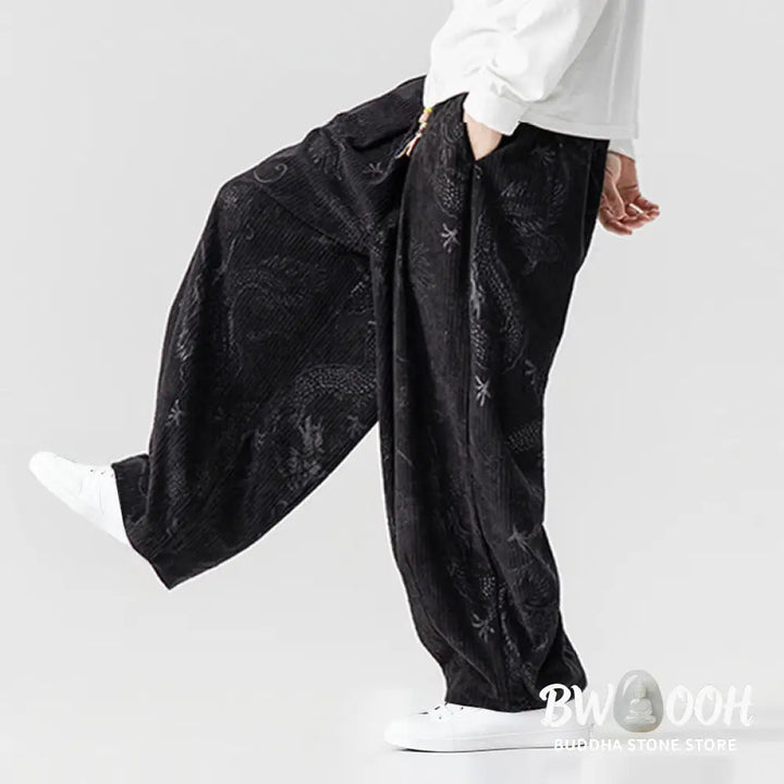Buddha Stones Winter Dragon Phoenix Pattern Cotton Corduroy Men’s Harem Pants With Pockets - Men’s Harem Pants