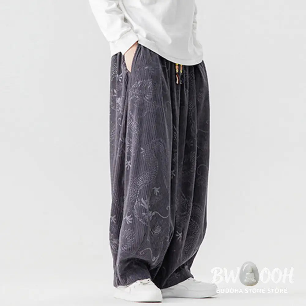 Buddha Stones Winter Dragon Phoenix Pattern Cotton Corduroy Men’s Harem Pants With Pockets - Men’s Harem Pants
