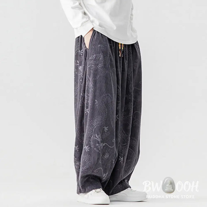 Buddha Stones Winter Dragon Phoenix Pattern Cotton Corduroy Men’s Harem Pants With Pockets - Men’s Harem Pants