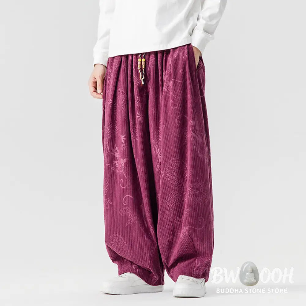 Buddha Stones Winter Dragon Phoenix Pattern Cotton Corduroy Men’s Harem Pants With Pockets - Men’s Harem Pants