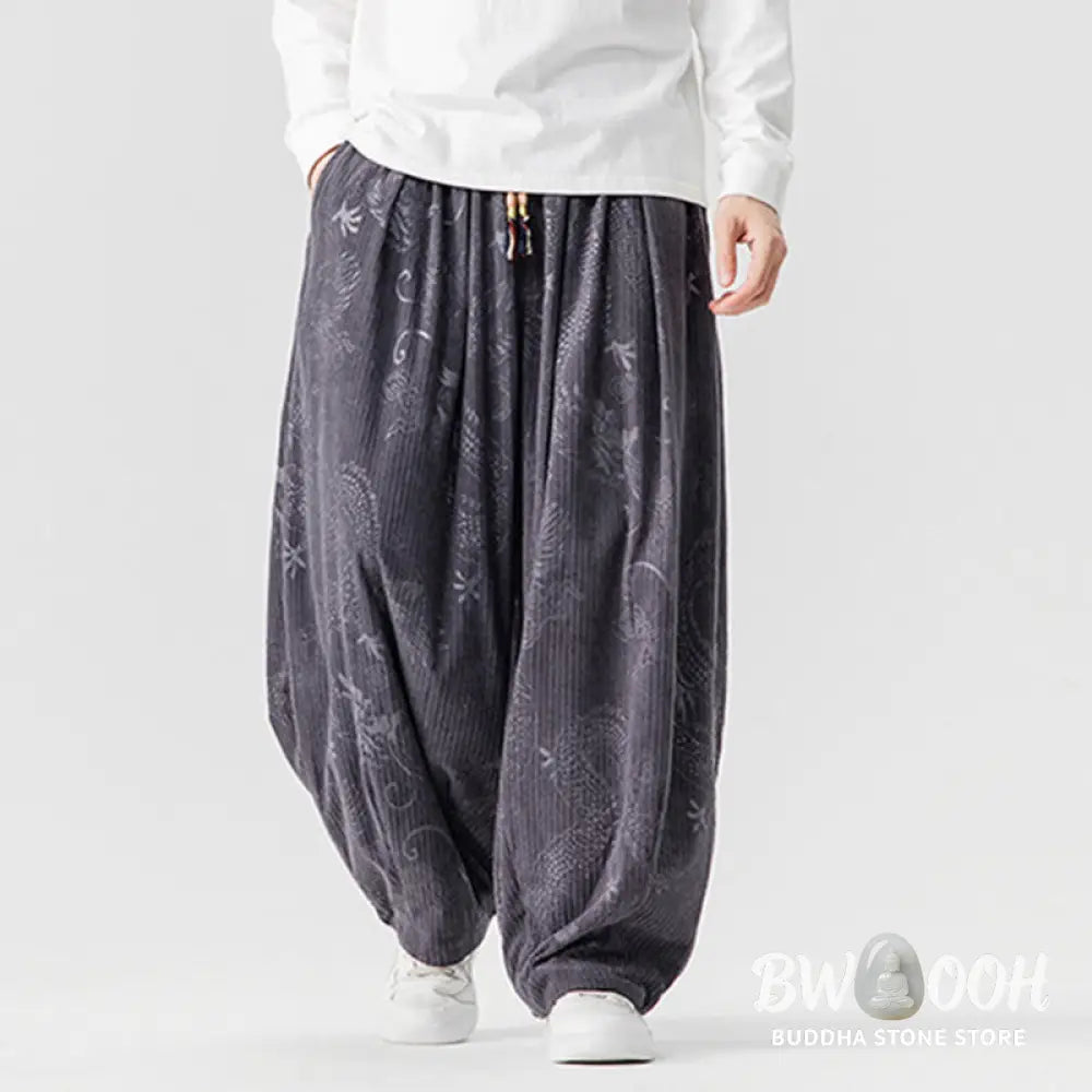 Buddha Stones Winter Dragon Phoenix Pattern Cotton Corduroy Men’s Harem Pants With Pockets - Men’s Harem Pants