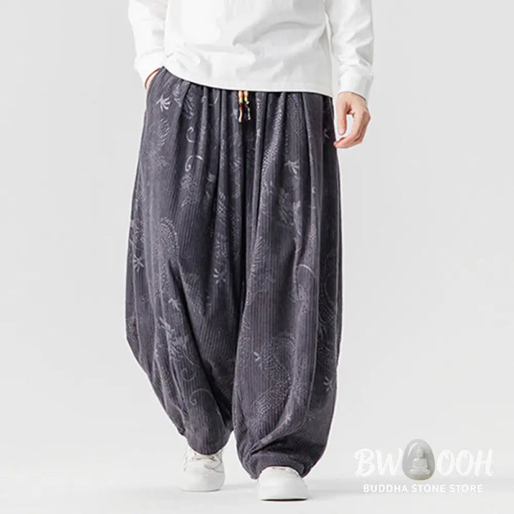 Buddha Stones Winter Dragon Phoenix Pattern Cotton Corduroy Men’s Harem Pants With Pockets - Men’s Harem Pants