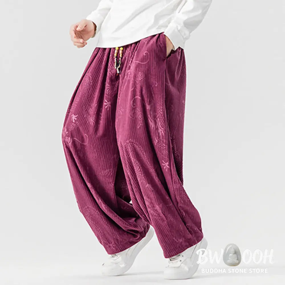 Buddha Stones Winter Dragon Phoenix Pattern Cotton Corduroy Men’s Harem Pants With Pockets - Men’s Harem Pants