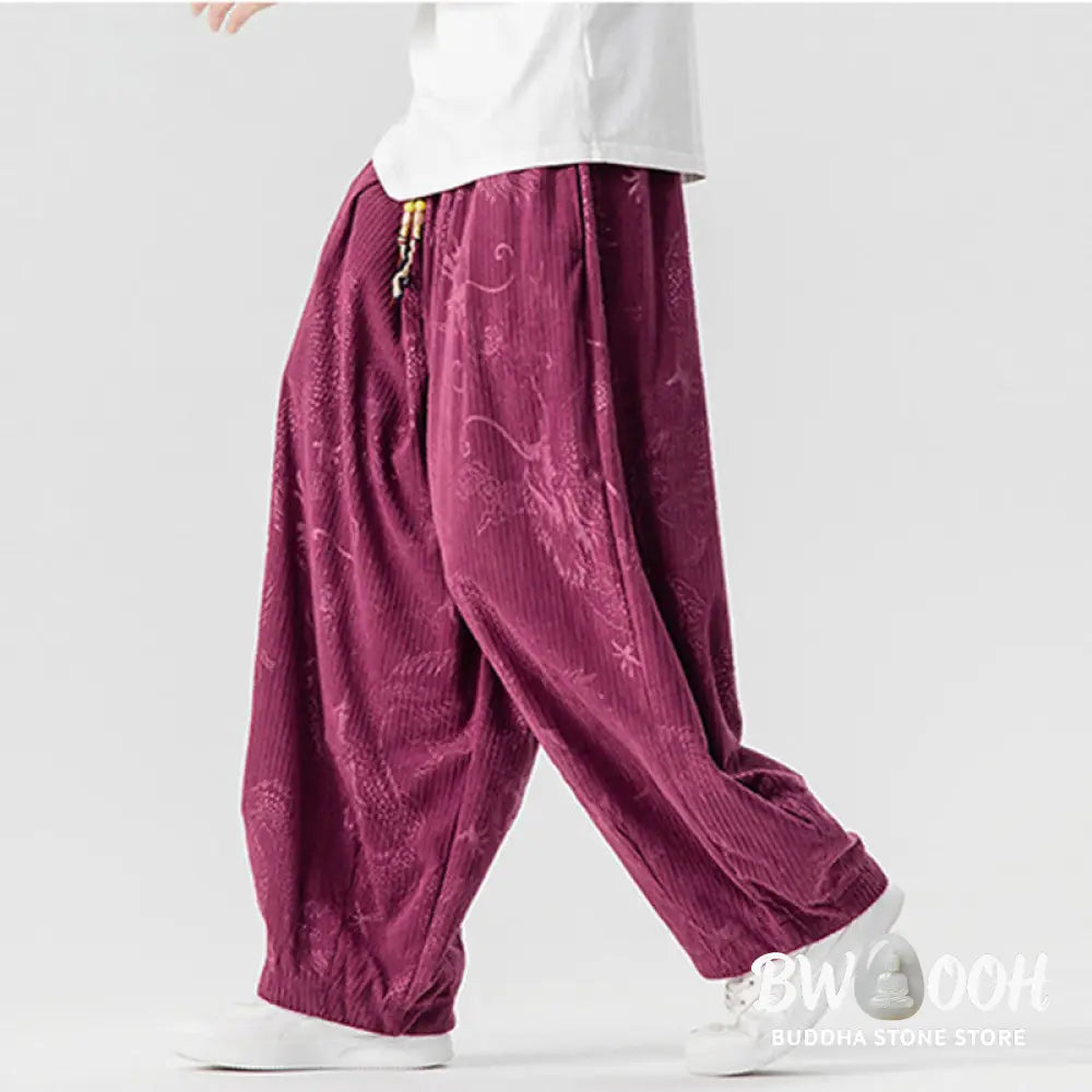 Buddha Stones Winter Dragon Phoenix Pattern Cotton Corduroy Men’s Harem Pants With Pockets - Men’s Harem Pants