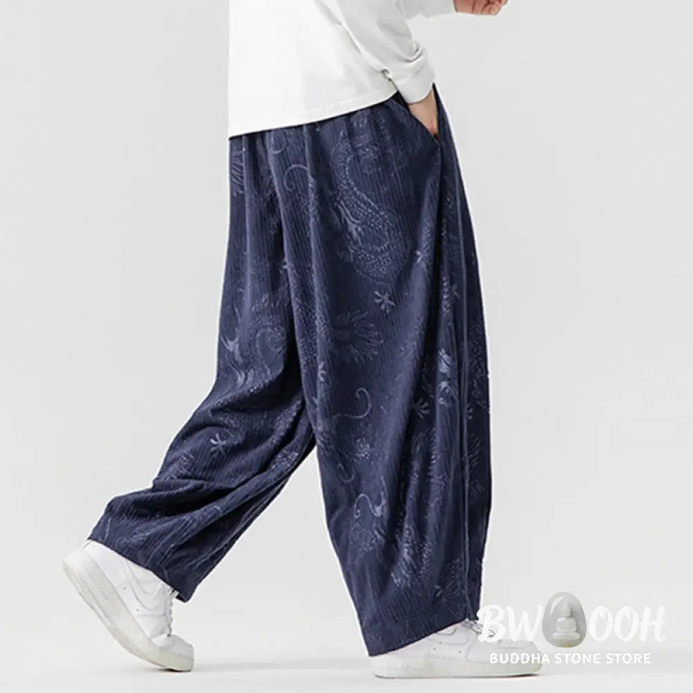 Buddha Stones Winter Dragon Phoenix Pattern Cotton Corduroy Men’s Harem Pants With Pockets - Men’s Harem Pants