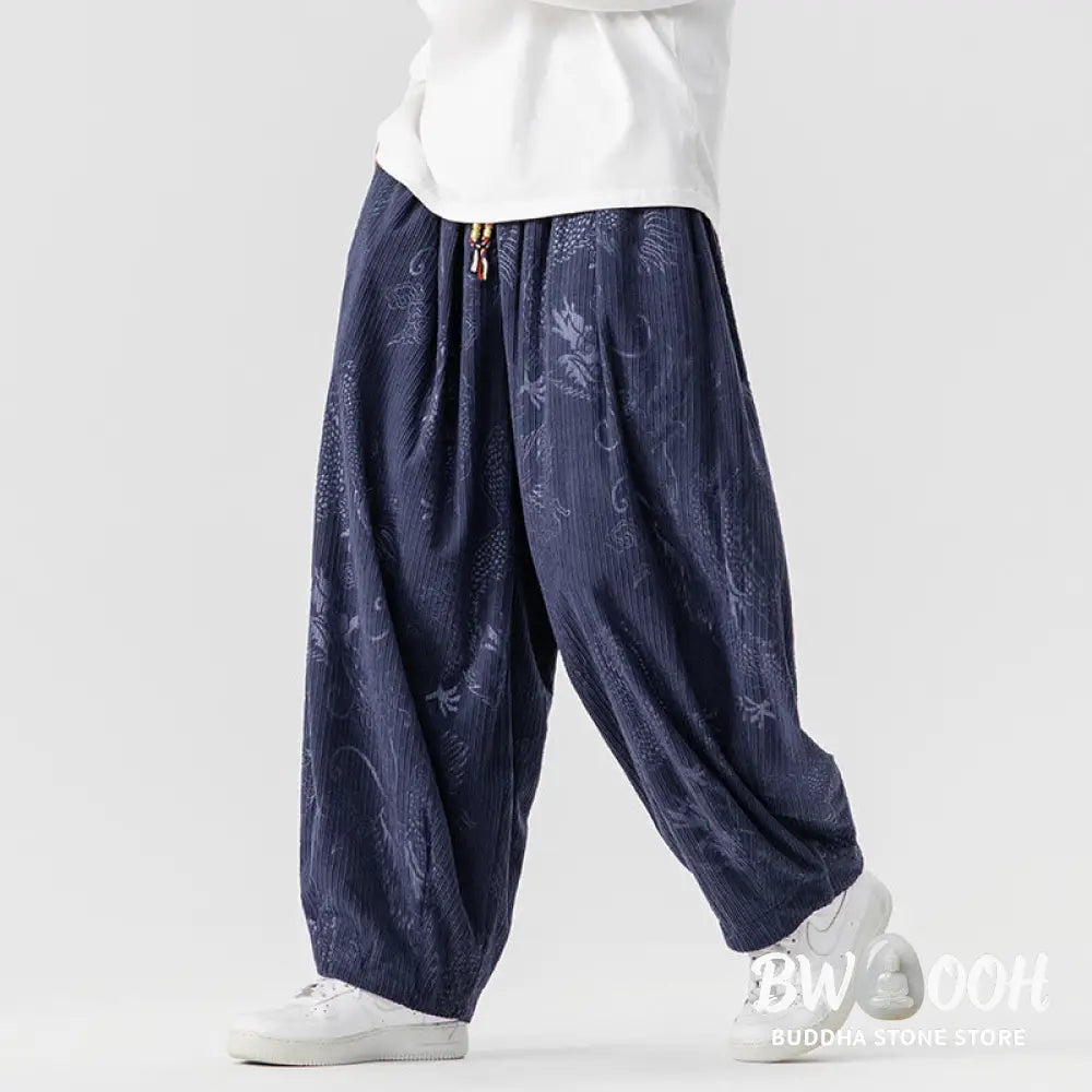 Buddha Stones Winter Dragon Phoenix Pattern Cotton Corduroy Men’s Harem Pants With Pockets - Men’s Harem Pants
