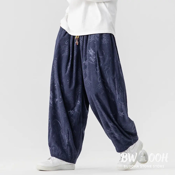 Buddha Stones Winter Dragon Phoenix Pattern Cotton Corduroy Men’s Harem Pants With Pockets - Men’s Harem Pants