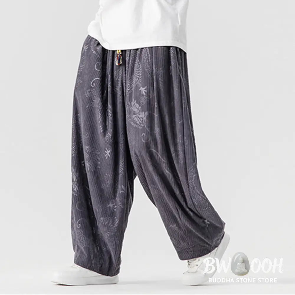 Buddha Stones Winter Dragon Phoenix Pattern Cotton Corduroy Men’s Harem Pants With Pockets - Men’s Harem Pants