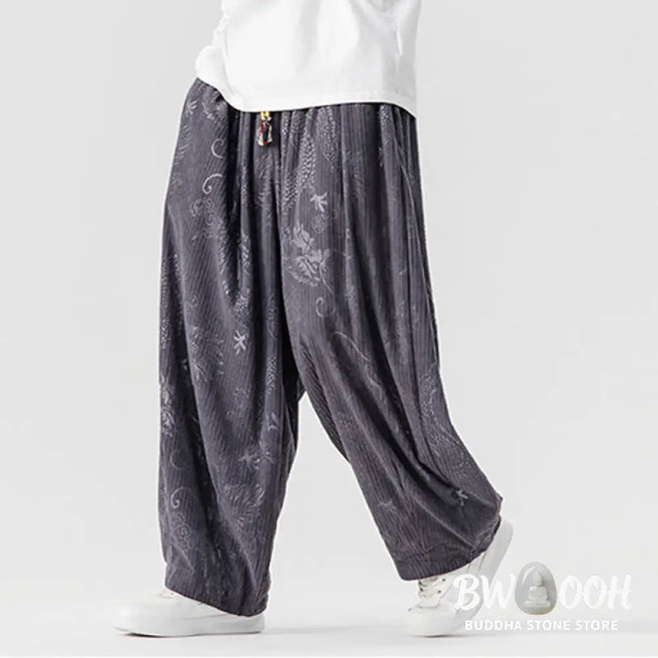 Buddha Stones Winter Dragon Phoenix Pattern Cotton Corduroy Men’s Harem Pants With Pockets - Men’s Harem Pants