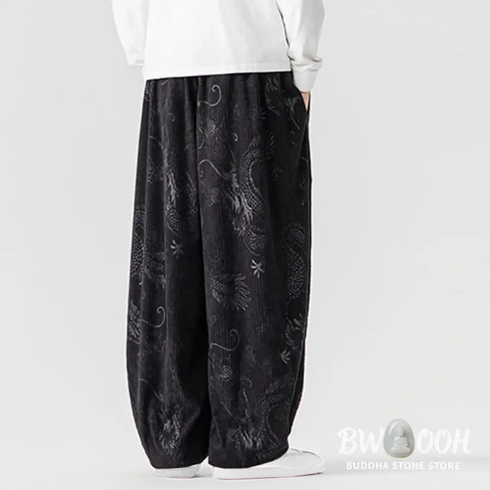 Buddha Stones Winter Dragon Phoenix Pattern Cotton Corduroy Men’s Harem Pants With Pockets - Men’s Harem Pants