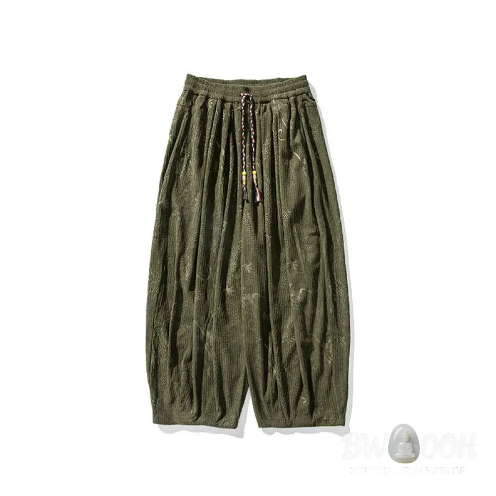 Buddha Stones Winter Dragon Phoenix Pattern Cotton Corduroy Men’s Harem Pants With Pockets - Men’s Harem Pants