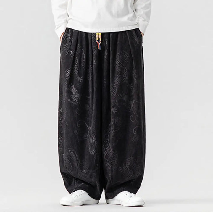 Buddha Stones Winter Dragon Phoenix Pattern Cotton Corduroy Men’s Harem Pants With Pockets - Black / US/UK/AU36，EU46