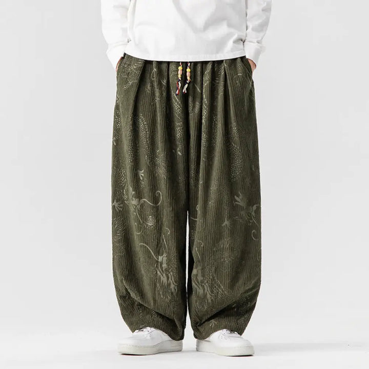 Buddha Stones Winter Dragon Phoenix Pattern Cotton Corduroy Men’s Harem Pants With Pockets - DarkOliveGreen