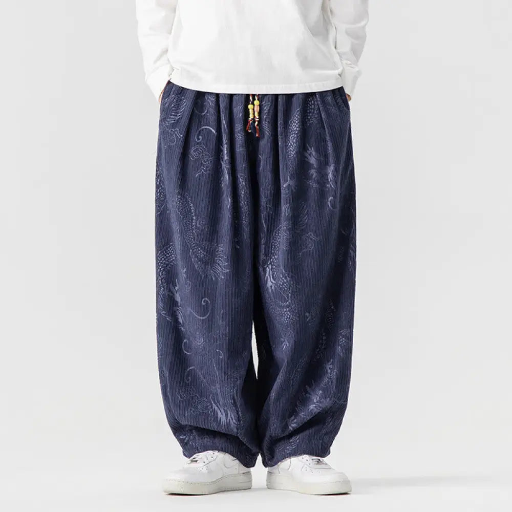 Buddha Stones Winter Dragon Phoenix Pattern Cotton Corduroy Men’s Harem Pants With Pockets - DarkSlateBlue