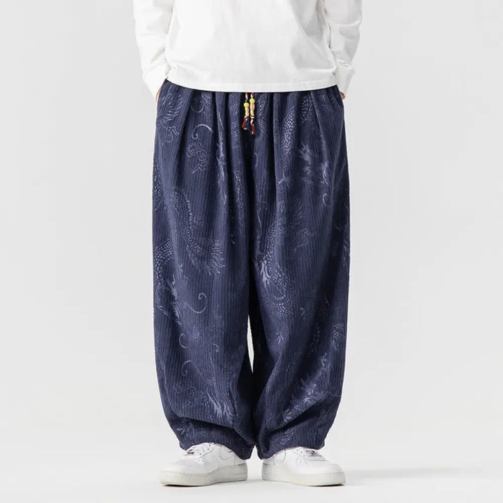 Buddha Stones Winter Dragon Phoenix Pattern Cotton Corduroy Men’s Harem Pants With Pockets - DarkSlateBlue