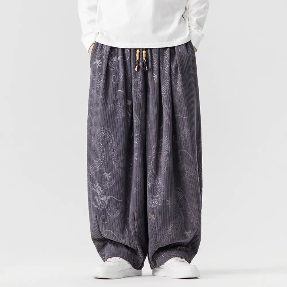 Buddha Stones Winter Dragon Phoenix Pattern Cotton Corduroy Men’s Harem Pants With Pockets - LightSlateGray
