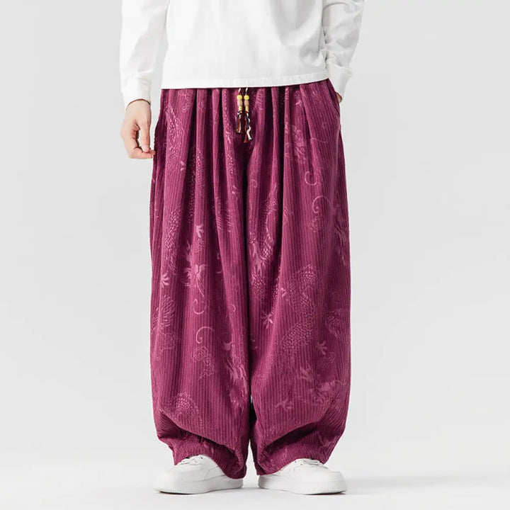Buddha Stones Winter Dragon Phoenix Pattern Cotton Corduroy Men’s Harem Pants With Pockets - MediumVioletRed